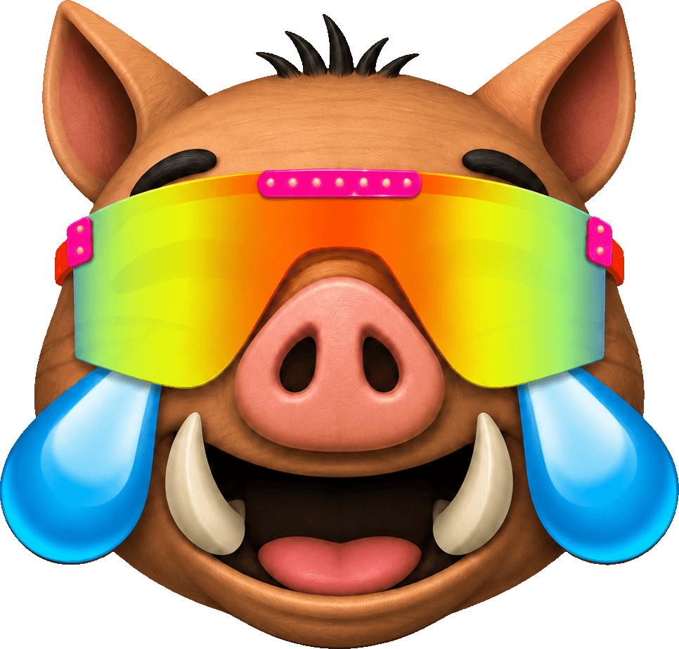 Laughing cartoon boar wearing a rainbow visor, with blue tears and tusks